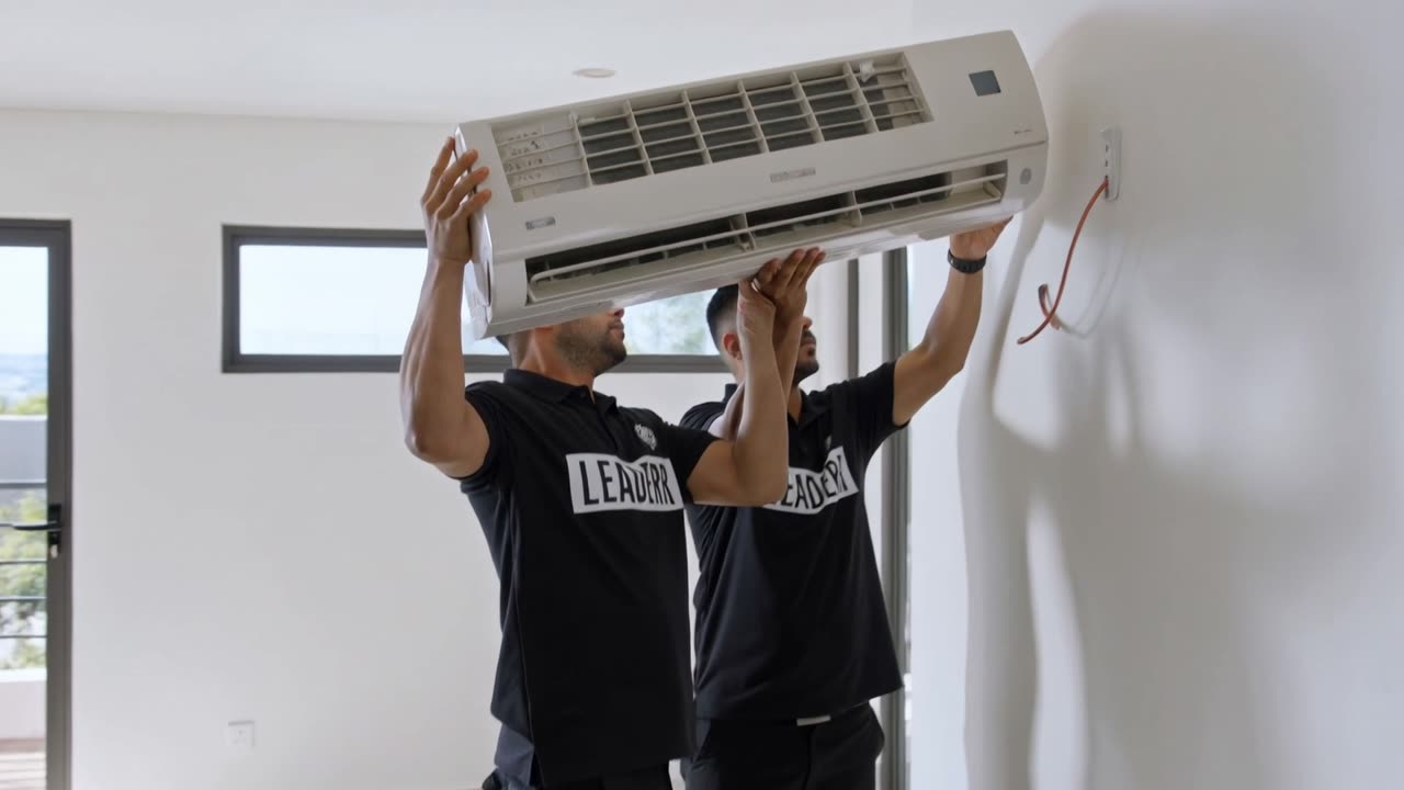 Aircon Installers Johannesburg - two installers lifting a split unit indoor head into position